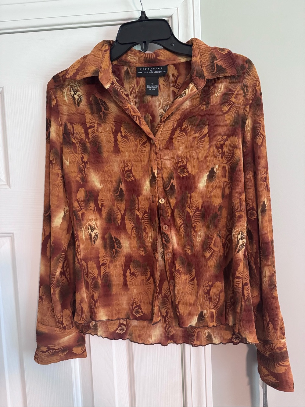 Vintage New York & Company Brown Patterned Button-Front Women's Top